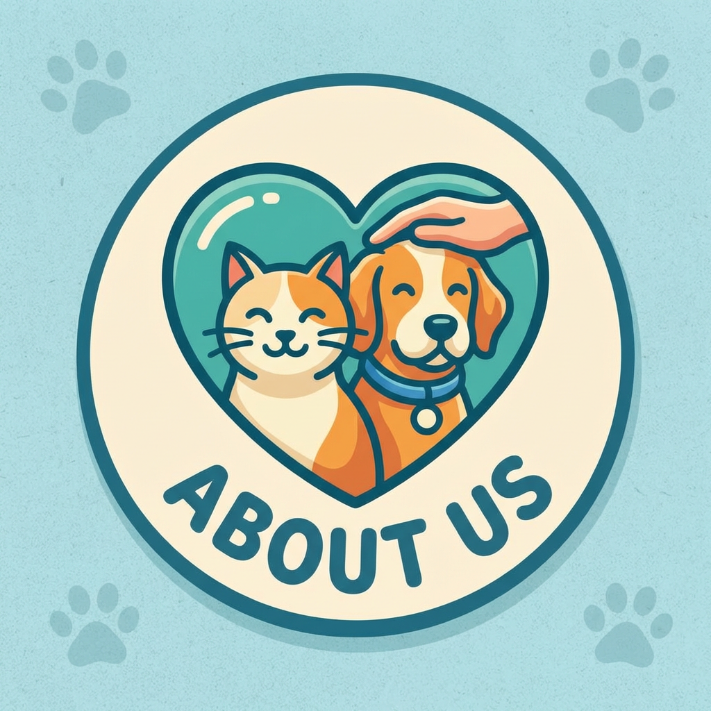 ABOUT US logo featuring a cat and dog inside a heart shape.