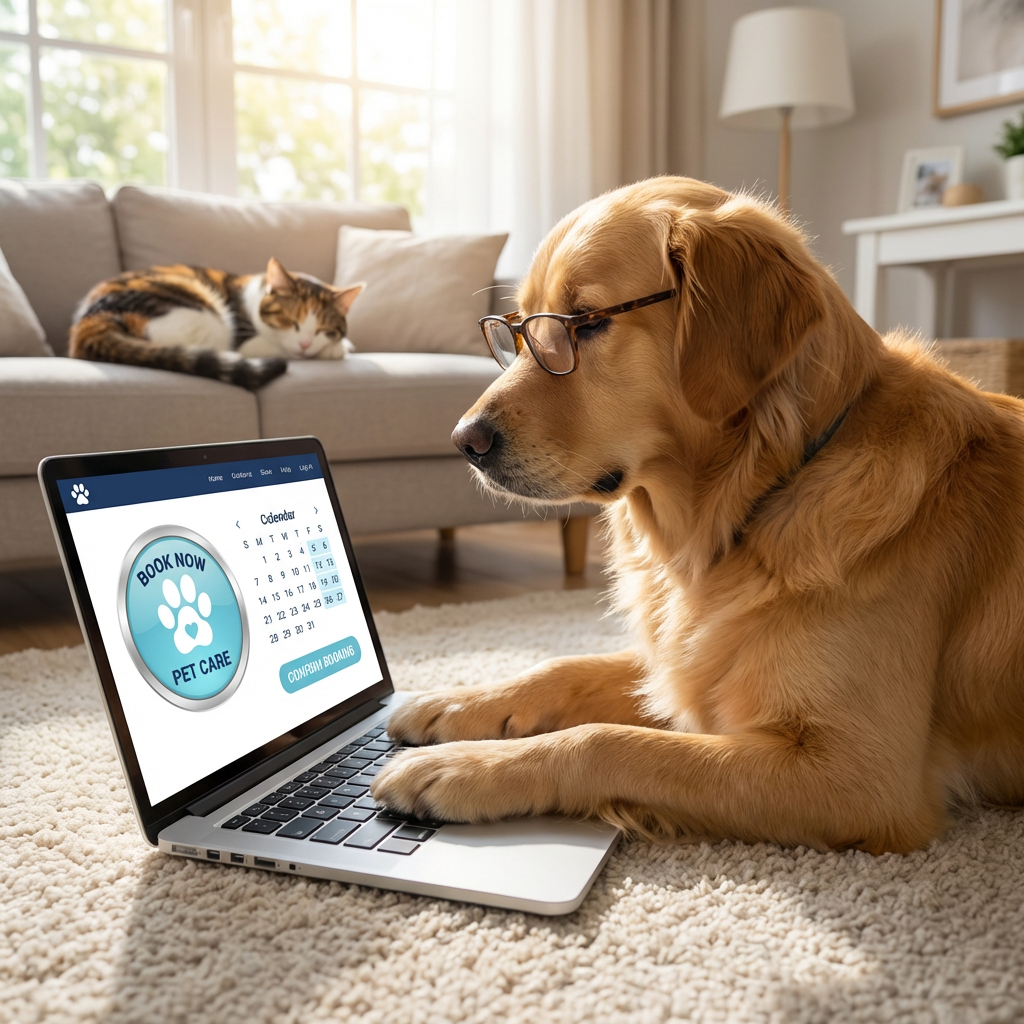 A Golden Retriever wearing glasses uses a laptop to book pet care services online.