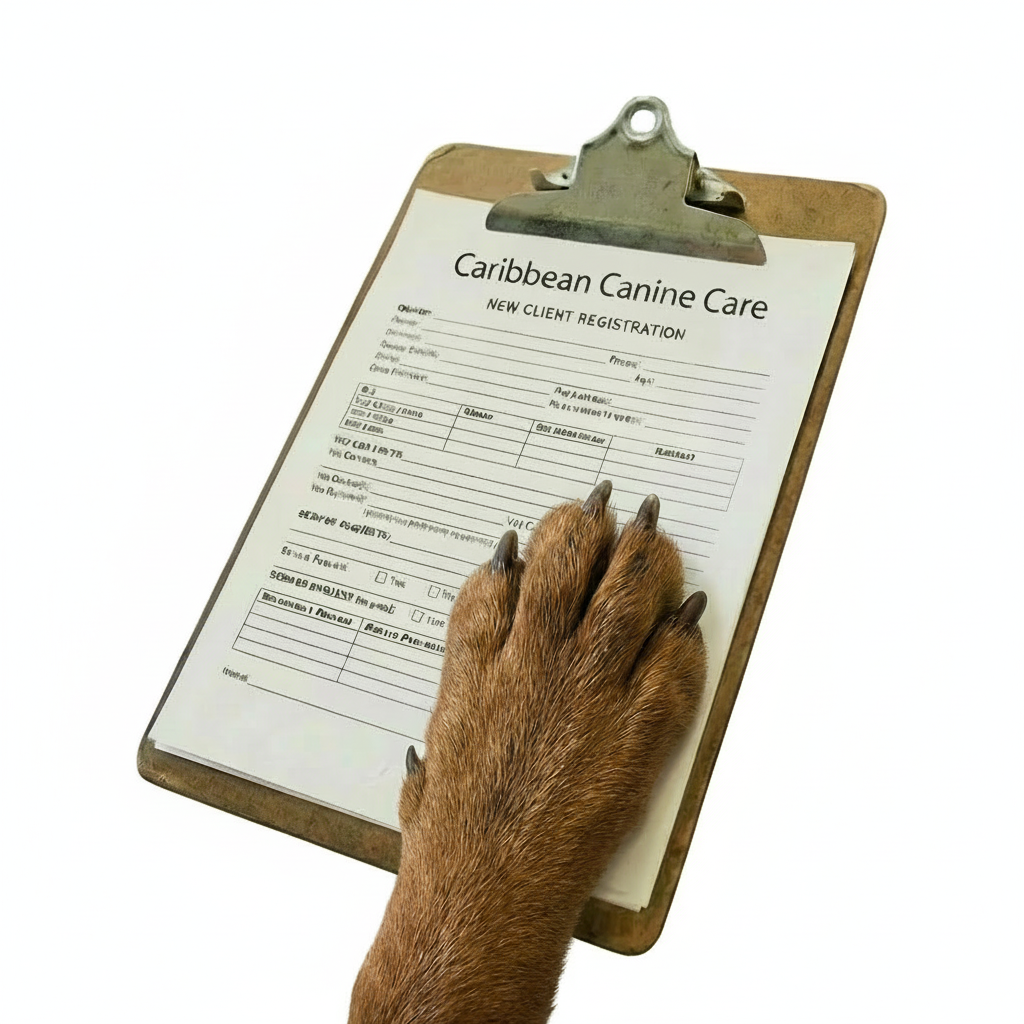 Pet Care Services New Client Form for Caribbean Canine Care with a dog's paw.