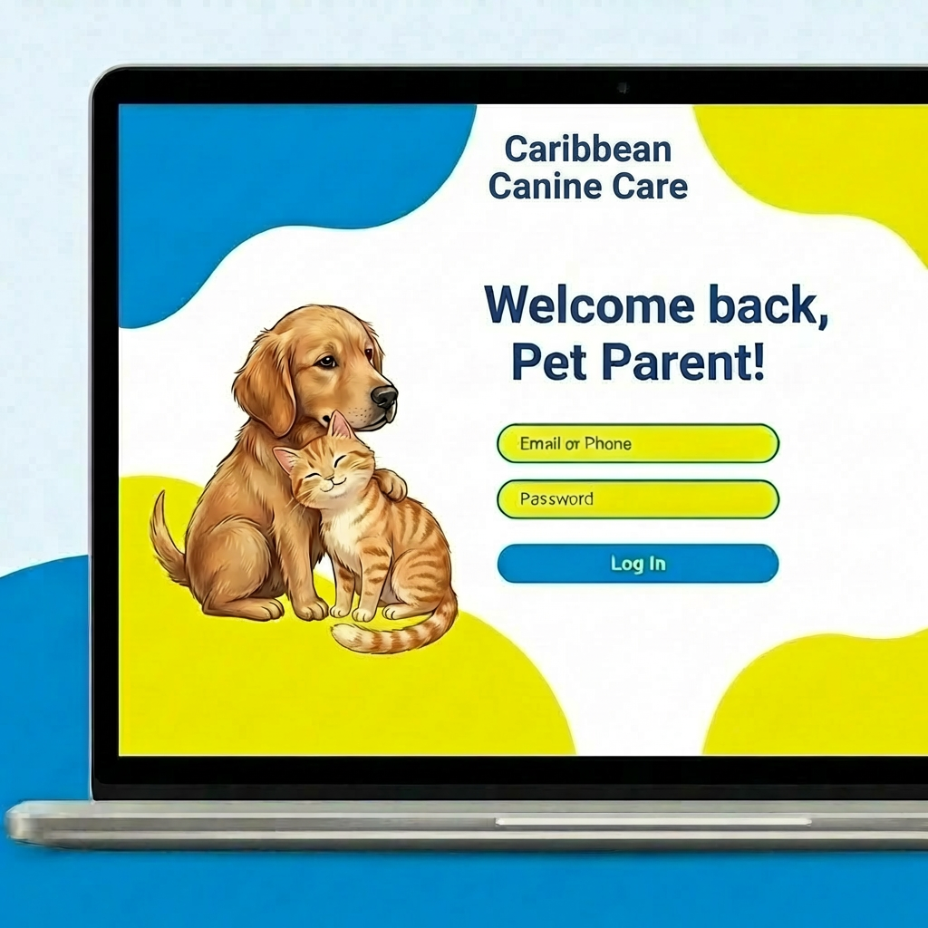 "Welcome back, Pet Parent!" login screen with email, password fields, and Log In button.