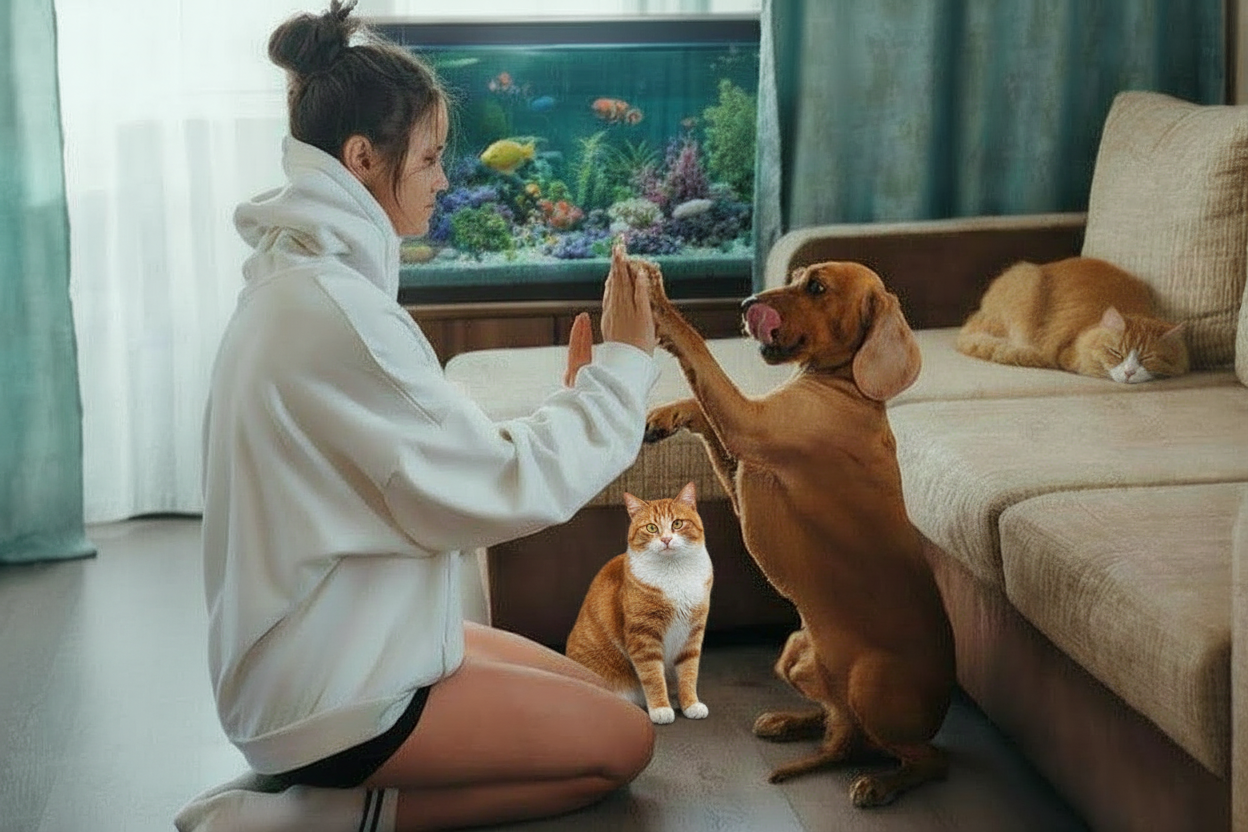A young woman in a hoodie interacts with a dog, teaching it to give a high-five, while a cat sits nearby and another cat sleeps on the couch, with an aquarium visible in the background.