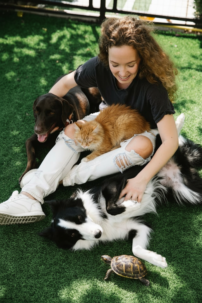 A woman sitting on grass surrounded by a brown dog, an orange cat on her lap, a black and white dog beside her, and a tortoise crawling nearby.