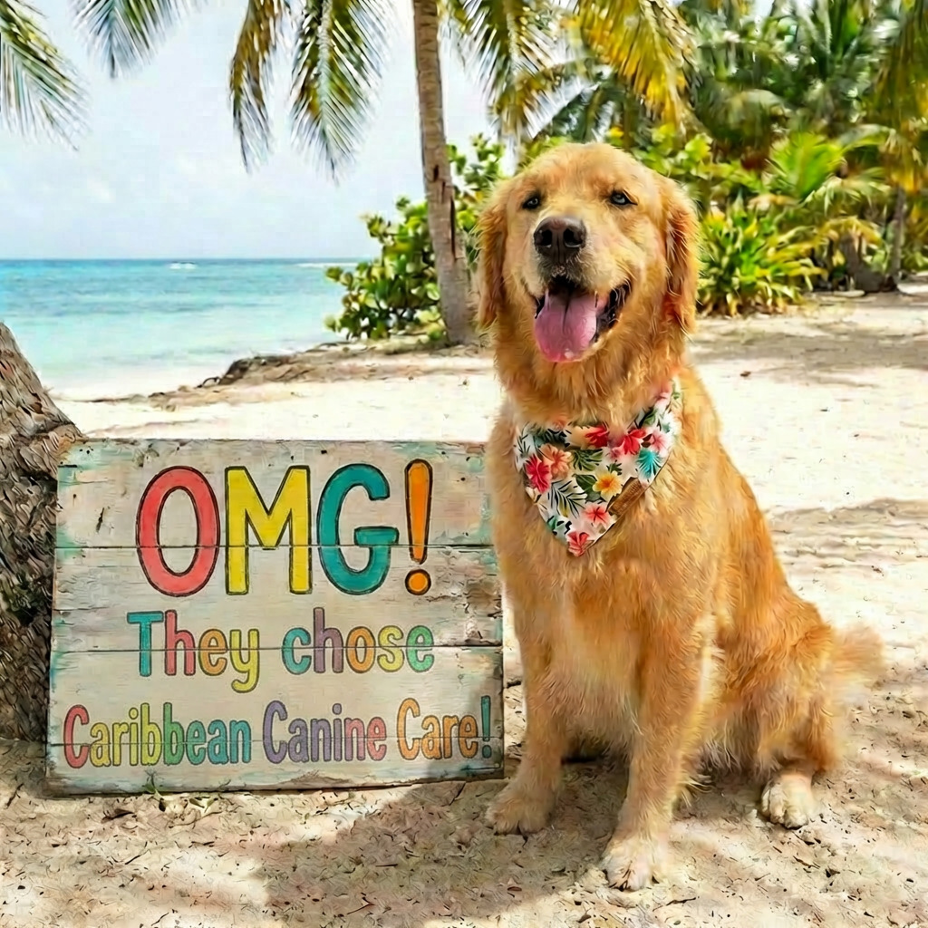 Happy Golden Retriever on a tropical beach with a sign reading "OMG! THEY CHOSE CARIBBEAN CANINE CARE!"